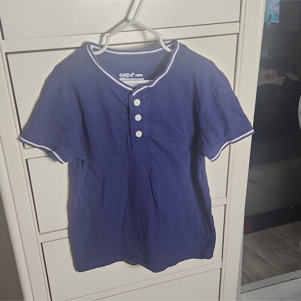 Cat & Jack Boys Blue V Neck Button Short Sleeve Top 100% Cotton XS (4/5)